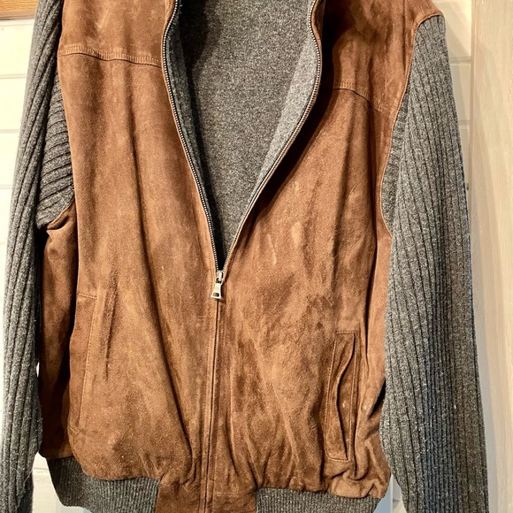 Talbots Brown and Gray Bomber Jacket with Suede and Knit - Picture 3 of 5